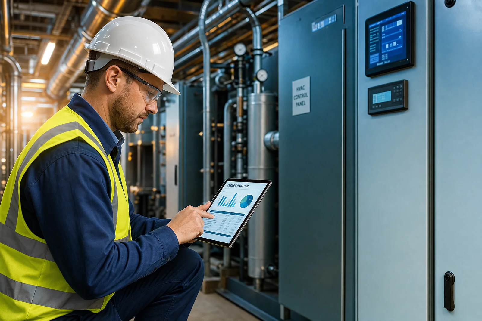 Professional energy auditor reviewing data in mechanical room